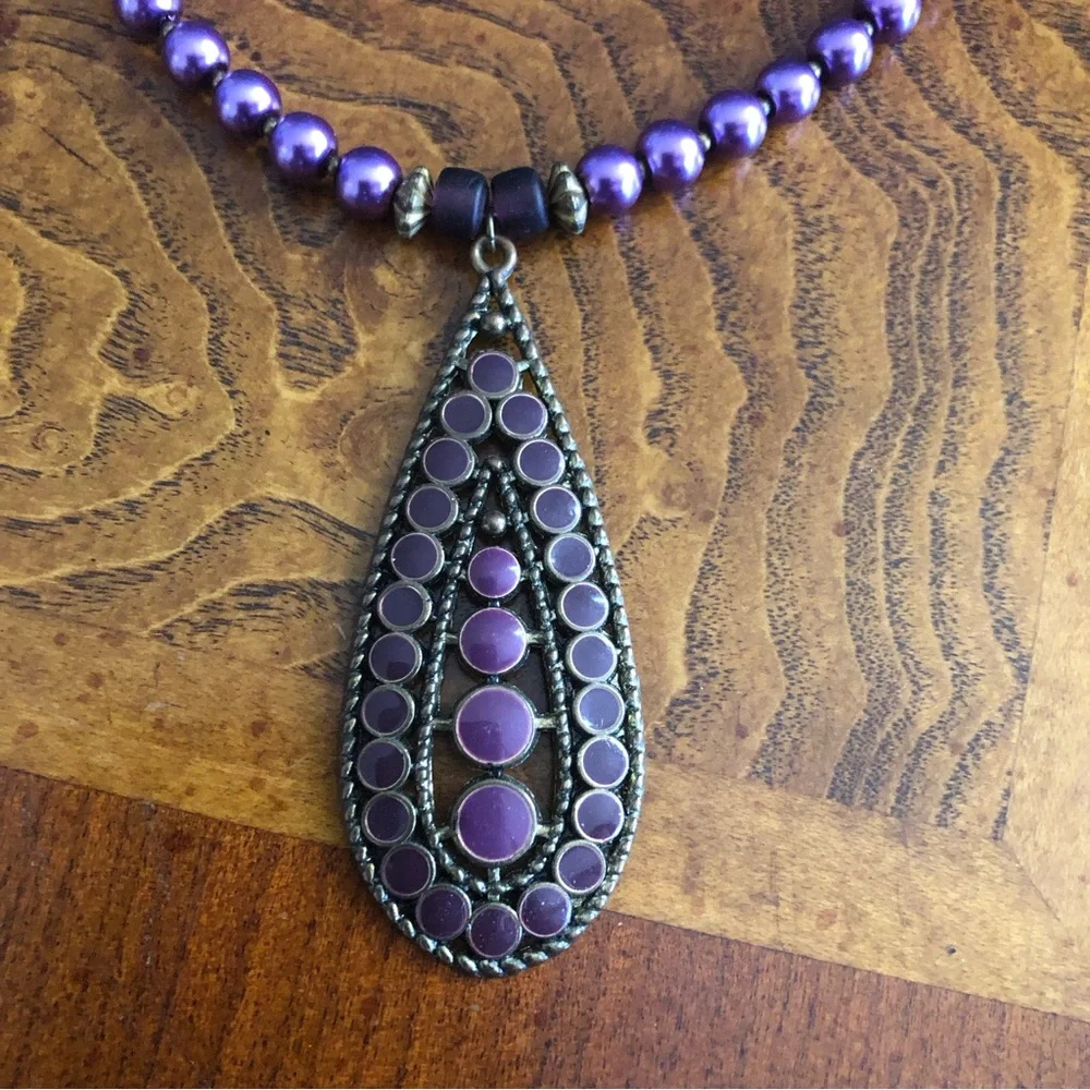 Handcrafted repurpose purple enamel raindrop pendant Czech glass Pearl necklace